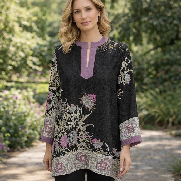 Citron Santa Monica Silk Tunic Top XL Floral Print Boho Black Purple Textured